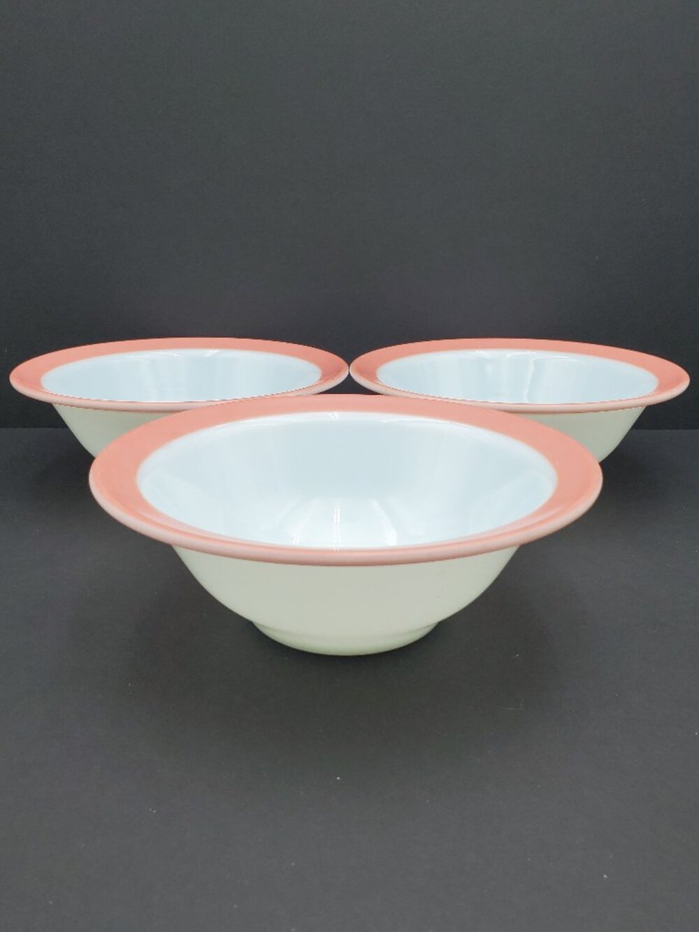 Corning Flamingo Pink Serving Bowls White Milk Glass Coral Pink Band Bowls